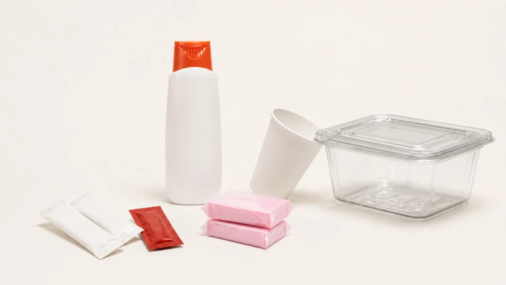 Sobres monodosis, botella de higiene, vaso de papel, pastillas envueltas y recipiente transparente dispuestos sobre fondo claro.