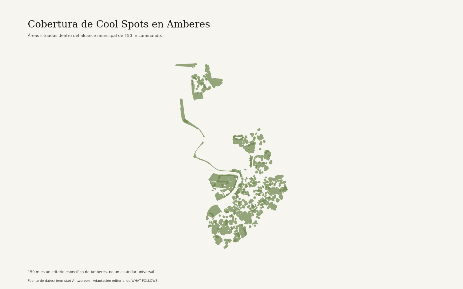 Mapa editorial de la cobertura de Cool Spots en Amberes según el criterio municipal de 150 metros.
