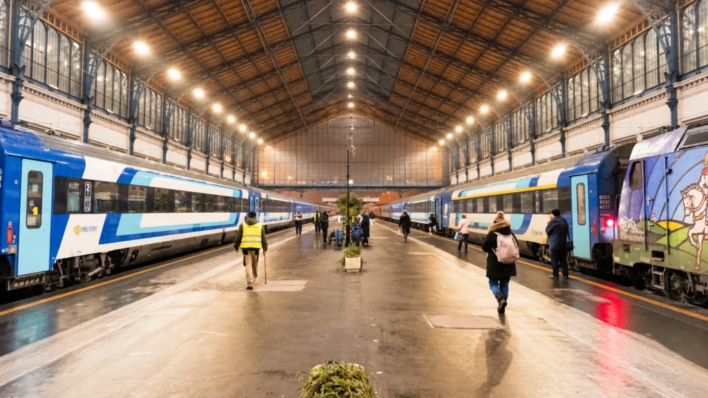 Viajeros caminan entre trenes en el interior de la estación Nyugati de Budapest.
