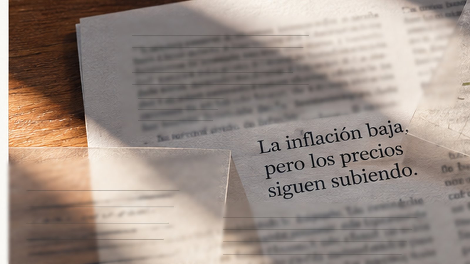 Páginas impresas parcialmente desenfocadas con la frase «La inflación baja, pero los precios siguen subiendo» destacada sobre una lámina transparente.