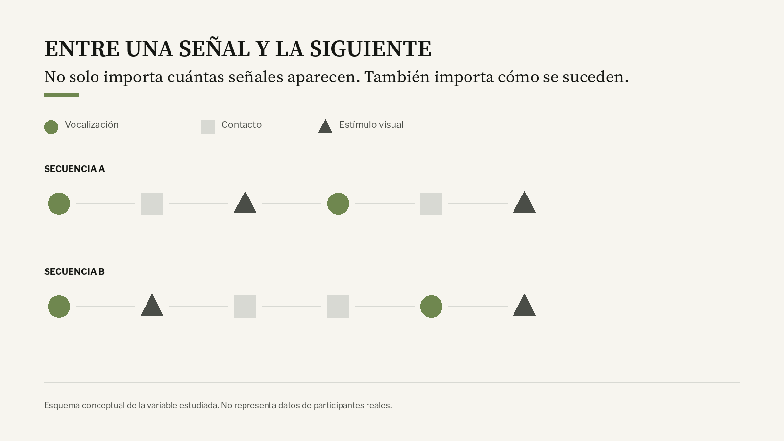 Esquema conceptual con vocalización, contacto y estímulo visual en dos secuencias distintas para mostrar que la investigación atendió al orden y a la previsibilidad de las transiciones, no solo a la cantidad de señales.