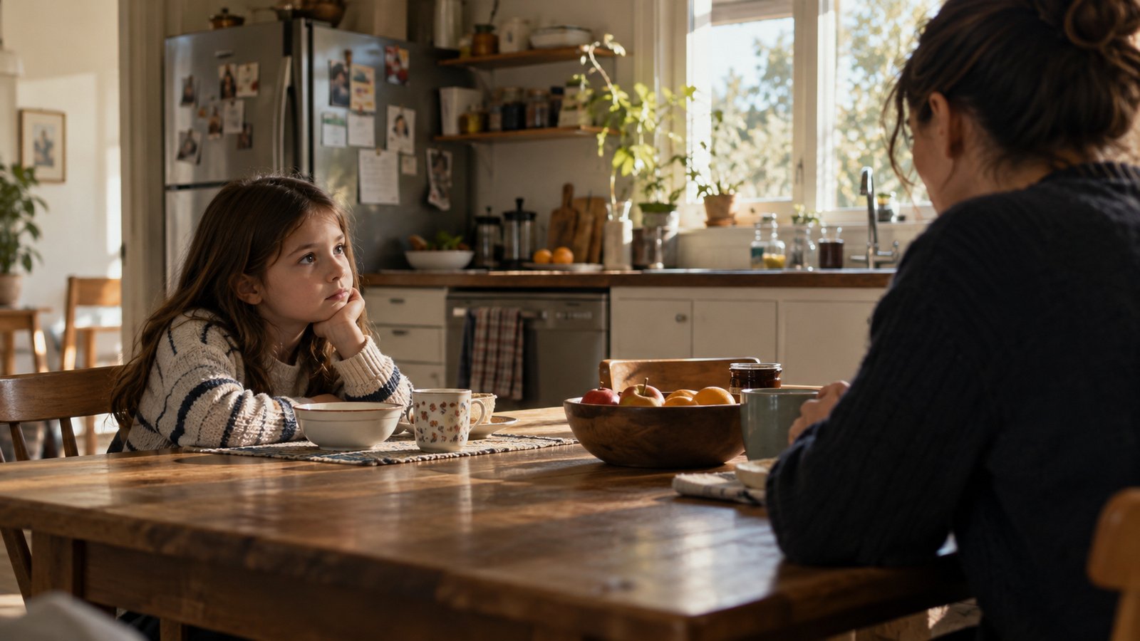 Una niña sentada a una mesa de cocina mira a una persona adulta sentada frente a ella.
