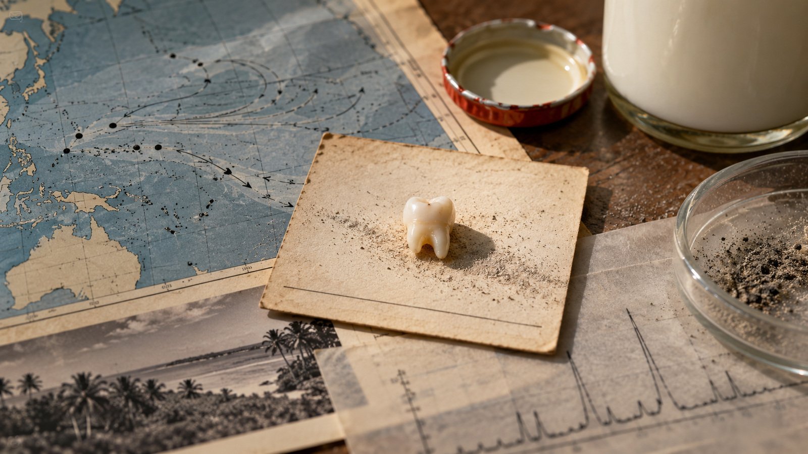 Diente de leche sobre mapas y documentos, junto a un recipiente con leche, en una composición conceptual sobre la dispersión radiactiva y su detección.